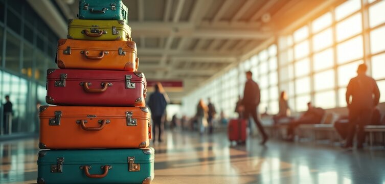 Stack of colorful suitcases at airport terminal suggests journeys. Various luggage sizes, hues represent diverse travel destinations, adventures. Passengers at departure gate waiting for flight. - Powered by Adobe