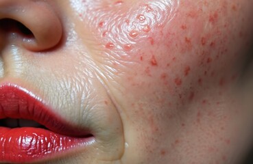 Obraz premium Close up view of woman aging skin. Face displays adult acne, red pimples, deep pitted scars, fine wrinkles around mouth, nose. Bright red glossy lipstick creates strong contrast on textured skin.