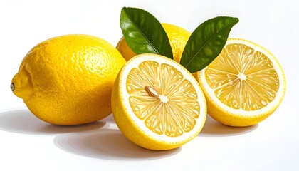Fresh and Vibrant Lemons with Green Leaves on White Background.