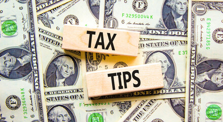 Tax tips symbol. Concept word Tax tips on beautiful wooden blocks. Dollar bills. Beautiful dollar bills background. Business tax tips concept. Copy space.