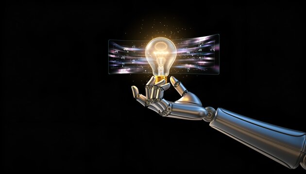 Robot Hand Holding a Glowing Light Bulb Idea. - Powered by Adobe