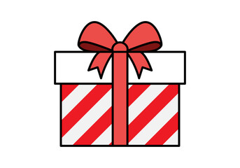 Caja de regalo blanca y roja con patrón de rayas diagonales y un lazo festivo