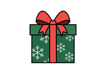 Caja de regalo de navidad verde con patrón de copos de nieve y lazo rojo