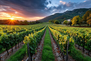 Vineyard Sunset Landscape with Mountains and Colorful Sky