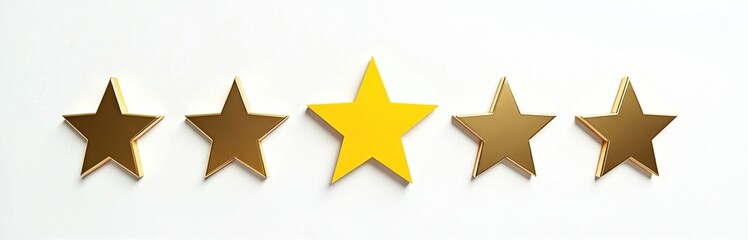 Fototapeta premium Gold and yellow stars on white background. Illustration of five star customer rating or business service feedback concept. Best quality success product award sign and symbols.