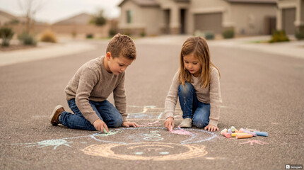 Kids drawing chalk on road while sitting on pavement in neighborhood  