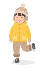 Fototapeta premium Winter kid clipart with a cute little girl or boy in cozy winter clothes, yellow coat or puffer jacket, knit hat, earmuffs. Flat vector in cartoon style. Hello winter vector. Kid illustration clipart.