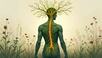 Abstract illustration of green human body with tree branches for head, roots forming spine. Person stands among wildflowers, plants in field. Image represents mind-body connection, holistic health,