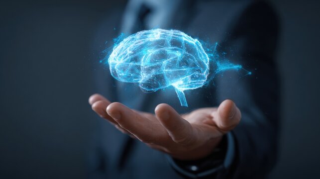 Futuristic brain hologram held in hand