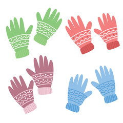 Fototapeta premium Winter gloves vector set in flat cartoon style. Colorful knitted gloves clipart for cold weather. Winter clothing illustration isolated on white background.