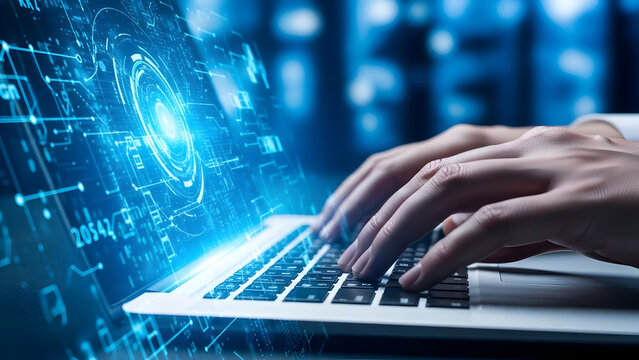 Hands typing on laptop with futuristic digital overlay and blue background