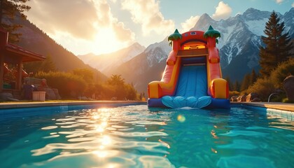 Inflatable water slide sits beside swimming pool near snowy mountains at sunset. Kids enjoy outdoor fun at backyard resort. Mountain landscape with rich trees and golden sunbeams.