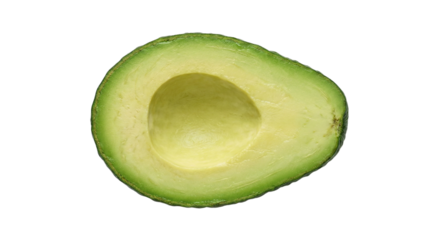 Fresh avocado half cut open for healthy snack for vegan salad ingredient menu isolated on transparent background
