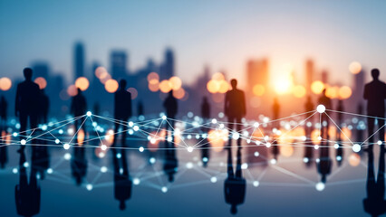 Abstract business network with silhouetted people and cityscape background at sunset