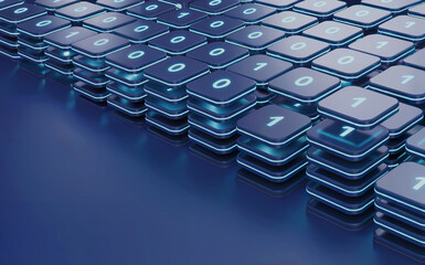Futuristic Stacks of Glowing Blue Binary Code Data Blocks 3D Rendering