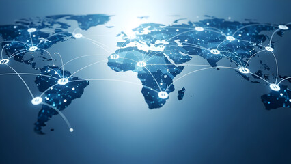 Global network connection on world map with glowing nodes and lines