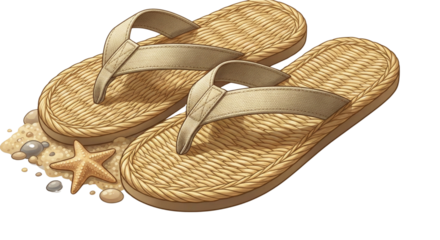 Pair of flip flops sandals footwear on sand beach with starfish image art isolated on transparent background