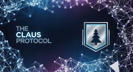The Claus Protocol text with a stylized Christmas tree shield logo set against a futuristic digital network background