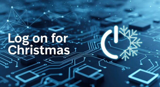 Log on for Christmas with a digital circuit board background and a power button snowflake icon