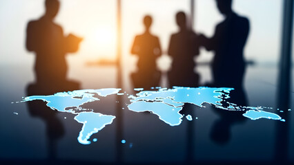 Global business team planning with world map overlay in modern office