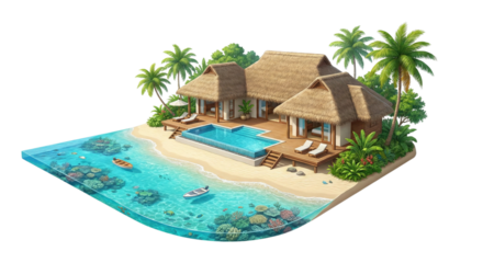 Tropical resort hotel with swimming pool and ocean in island paradise drawing isolated on transparent background
