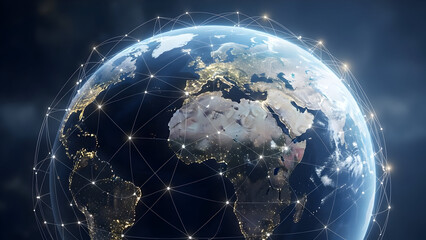 Earth with digital network overlay and city lights from space