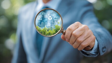 Magnifying glass reveals eco friendly city and renewable energy