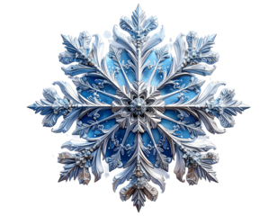 Intricate blue and white snowflake isolated on transparent background