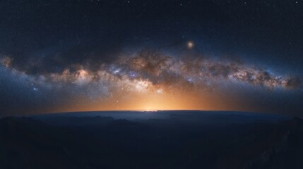Vast Milky Way panorama over mountain range at sunrise