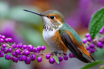 Fototapeta premium Hummingbird Perched on Branch with Purple Berries
