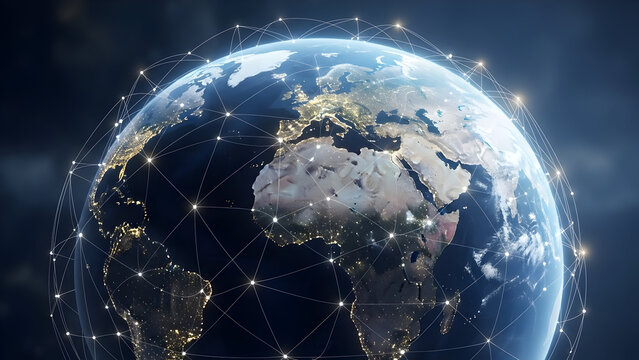 Earth with digital network overlay and city lights from space
