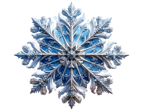Intricate blue and white snowflake isolated on transparent background