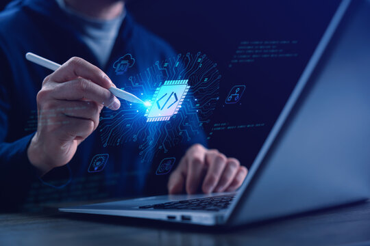 A programmer using a digital stylus to code artificial intelligence on a laptop with a futuristic interface and circuit board design, symbolizing innovation in AI development and coding technology.