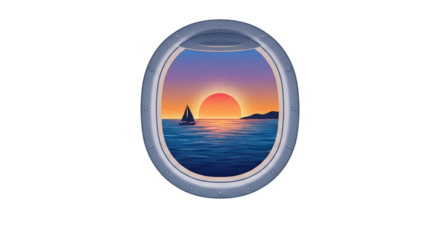 Sunset view from airplane window with sailboat silhouette on ocean vacation time isolated on transparent background