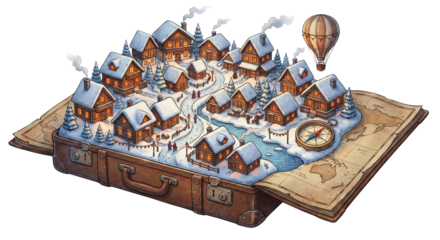 Winter village on suitcase with map travel and adventure awaits drawing scene isolated on transparent background