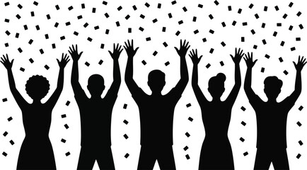 Five cheerful people silhouettes raise their hands in celebration with falling confetti