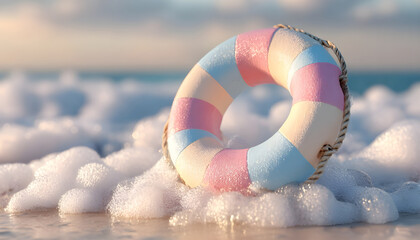 Pastel striped lifebuoy floating in sea foam at the shore.