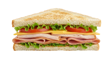 Sandwich with ham cheese lettuce and tomato for a quick lunch or picnic meal isolated on transparent background