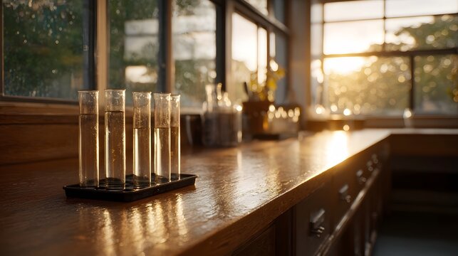Golden hour sunlight streams into an old laboratory illuminating test tubes on a wooden bench with gentle rain outside