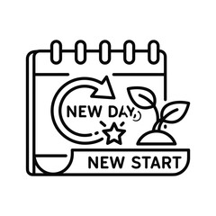 Line icon concept for new day and new start with calendar, refresh arrow, star, and growing plant isolated on