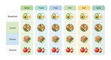 Weekly healthy food planner with breakfast, lunch, dinner, and snacks icons isolated on transparent background