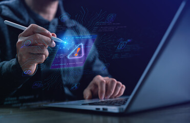 A developer using a futuristic AI debug hologram that detects coding errors and provides smart suggestions, featuring glowing circuit lines, neural icons, and an interactive digital interface.
