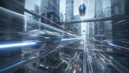 Obraz premium futuristic city with high speed transport tube and neon light suggesting future mobility trend