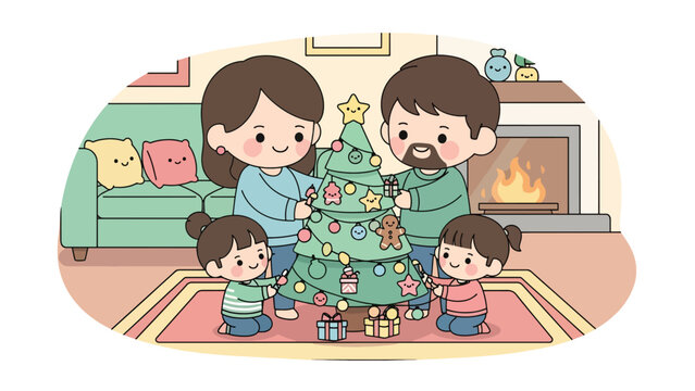Cute kawaii family decorating a Christmas tree with smiling ornaments and lights. Ideal for adorable holiday activities, family moments, and festive winter designs
