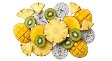 Tropical fruits mix sliced pineapple kiwi dragon fruit and mango healthy refreshment isolated on transparent background