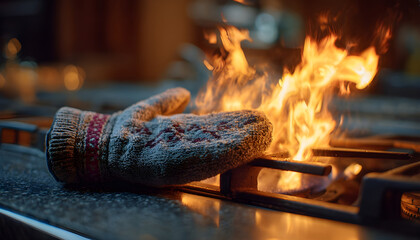 Burning oven mitt on a hot stove surface with flames spreading in a kitchen, fire safety during holiday cooking footage.