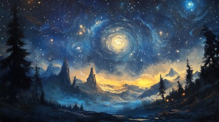 A mystical landscape, a celestial panorama, with majestic mountains, a swirling galaxy, and a starry sky, bathed in warm light.  A tranquil scene