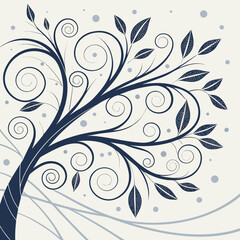 Stylized dark blue tree branch with swirling vine pattern and leaves