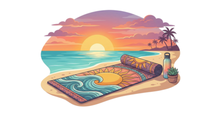 Yoga mat on beach scenery illustrating fitness activity relaxation and exercise retreat isolated on transparent background