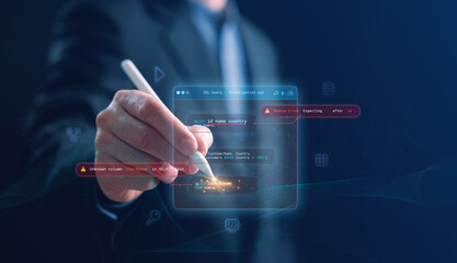 A developer analyzing SQL queries on a digital hologram interface, highlighting syntax errors and...